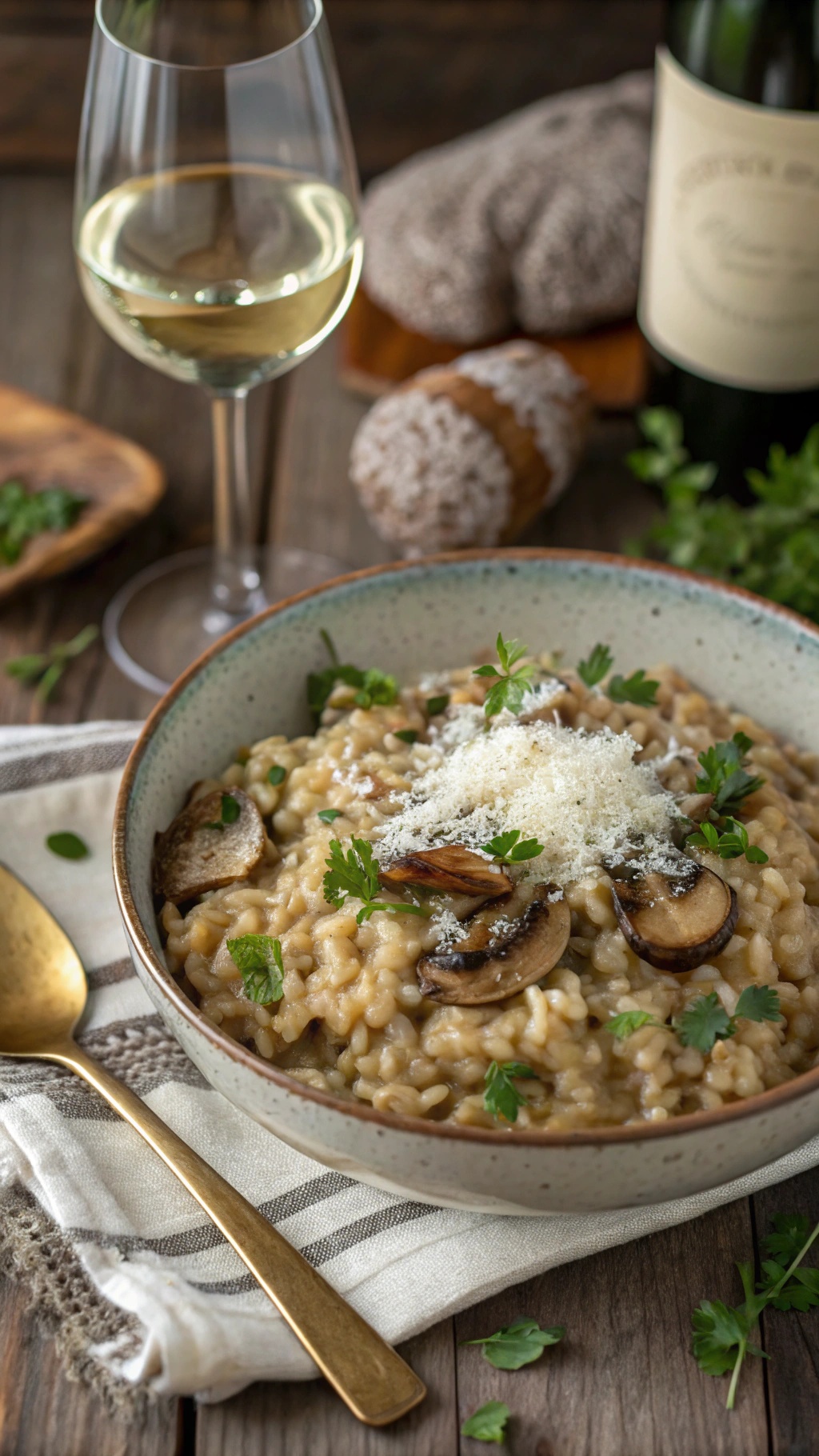 A bowl of mushroom and barley risotto topped with herbs and cheese, with a glass of white wine in the background.