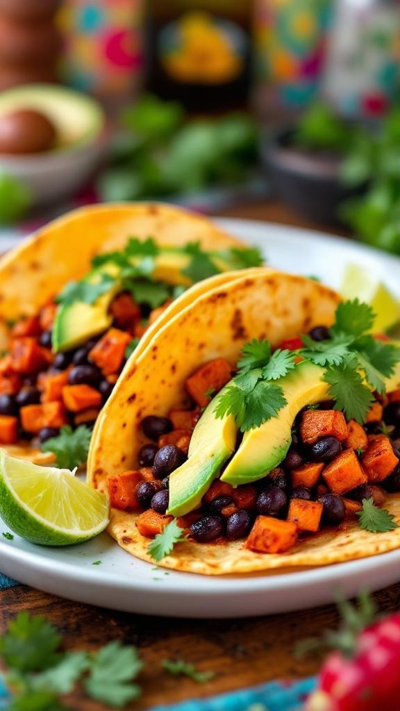 Spicy sweet potato and black bean tacos topped with avocado and cilantro, served with lime wedges.