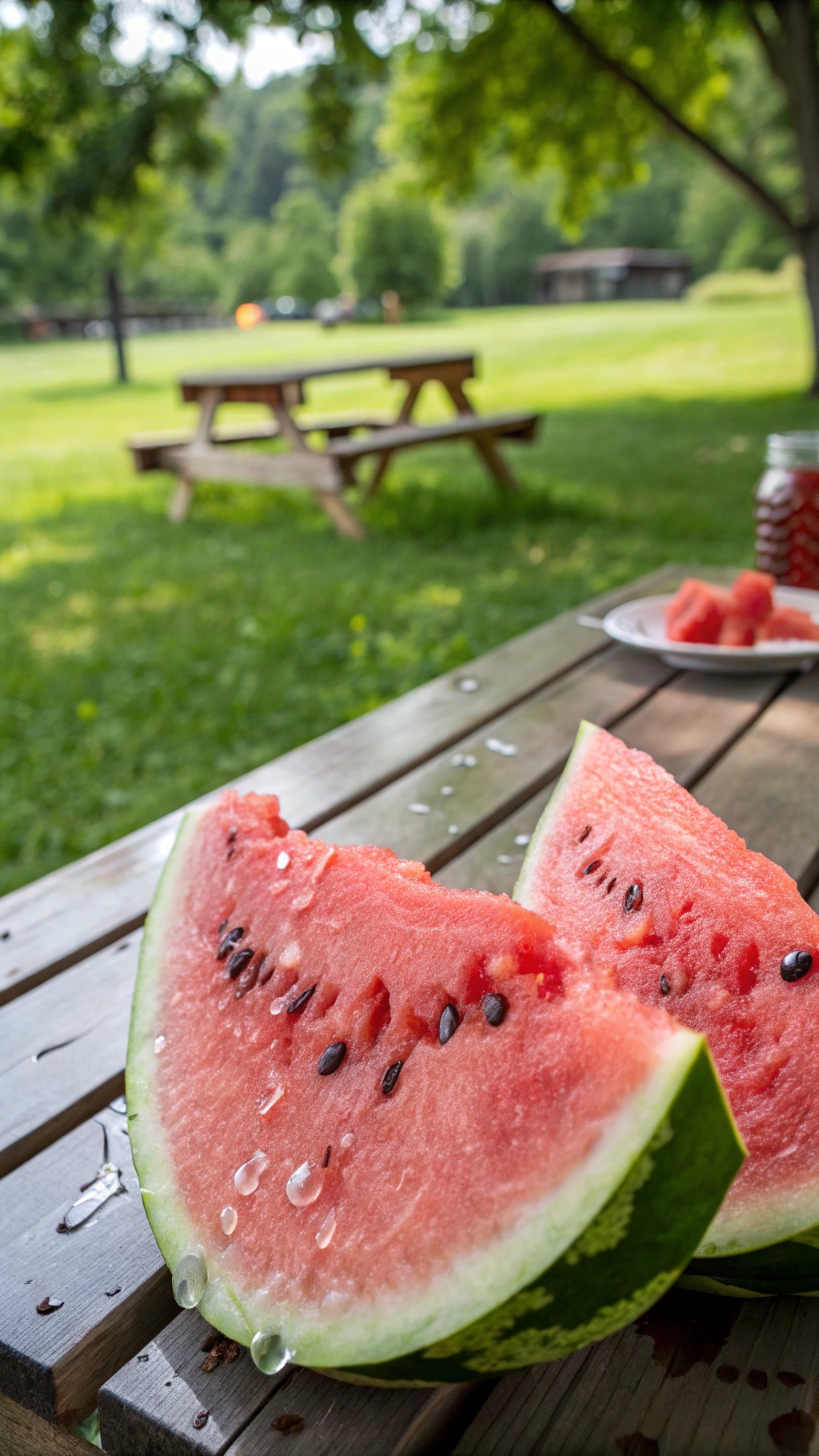Slices of watermelon on a wooden table with a green background