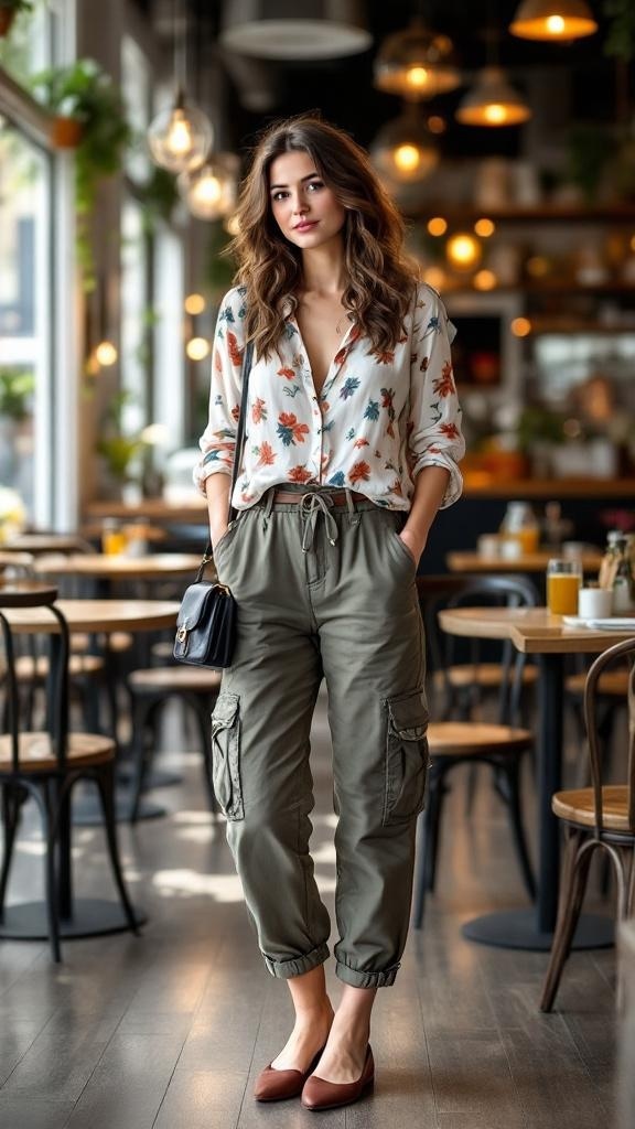 A woman wearing a floral blouse and cargo pants, standing in a stylish brunch setting.
