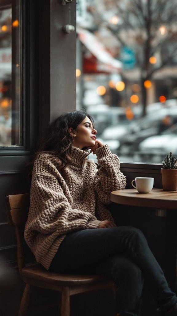 A woman in an oversized sweater and black jeans sitting by a window, looking thoughtful.