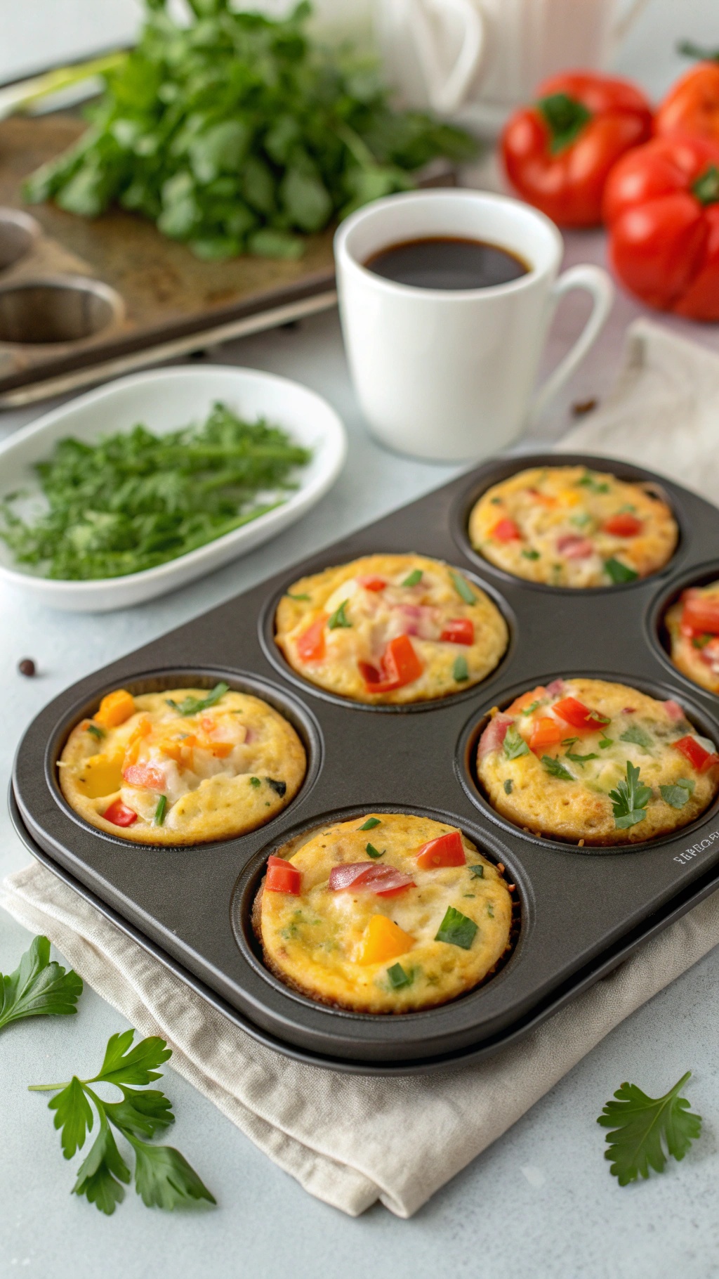A tray of colorful egg muffins with vegetables and herbs, ready to eat.