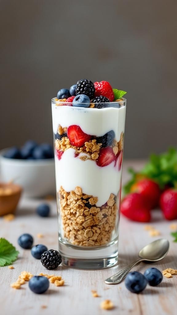 A delicious whipped Greek yogurt parfait with layers of granola, yogurt, and mixed berries.