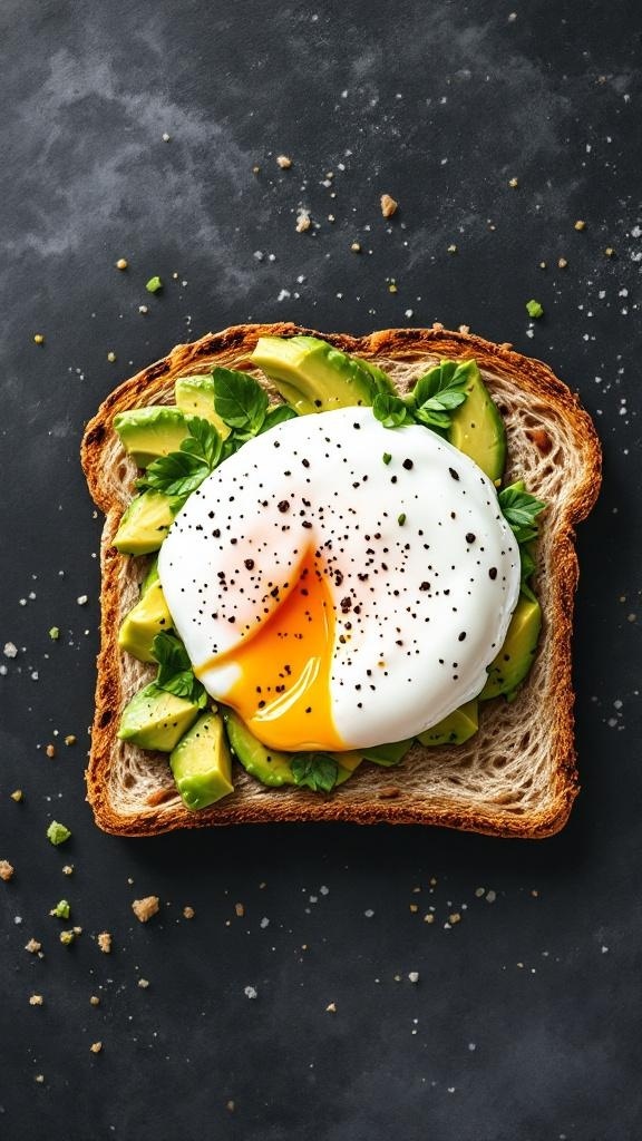 A slice of whole grain toast topped with avocado and a poached egg