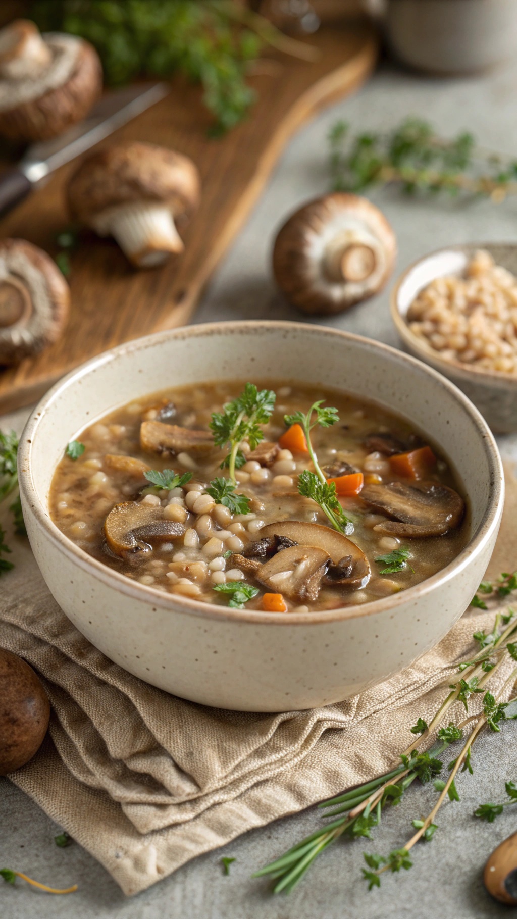 A bowl of mushroom barley soup garnished with parsley, surrounded by fresh ingredients.