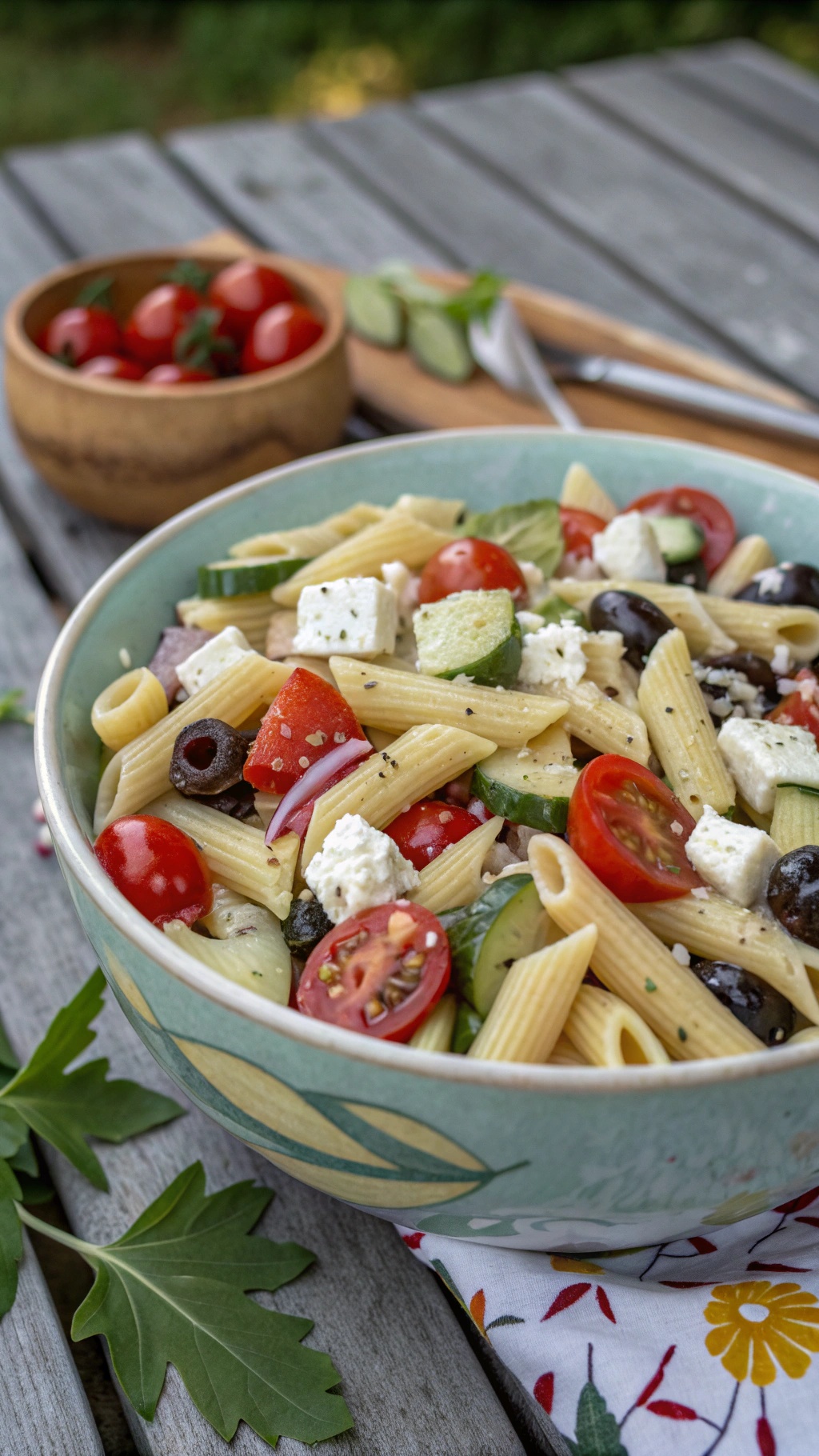 A bowl of Greek pasta salad with cherry tomatoes, cucumbers, olives, and feta cheese.