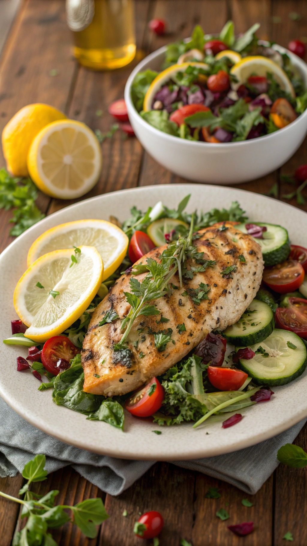 Grilled lemon herb chicken served with a fresh salad and lemon slices.