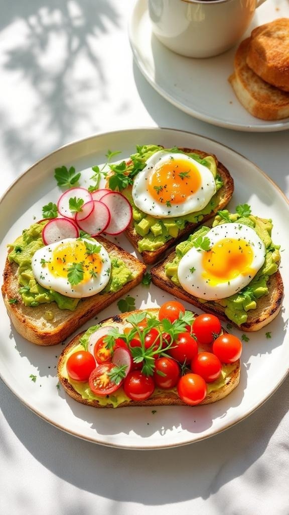 A plate of avocado toast topped with eggs, cherry tomatoes, and radishes.