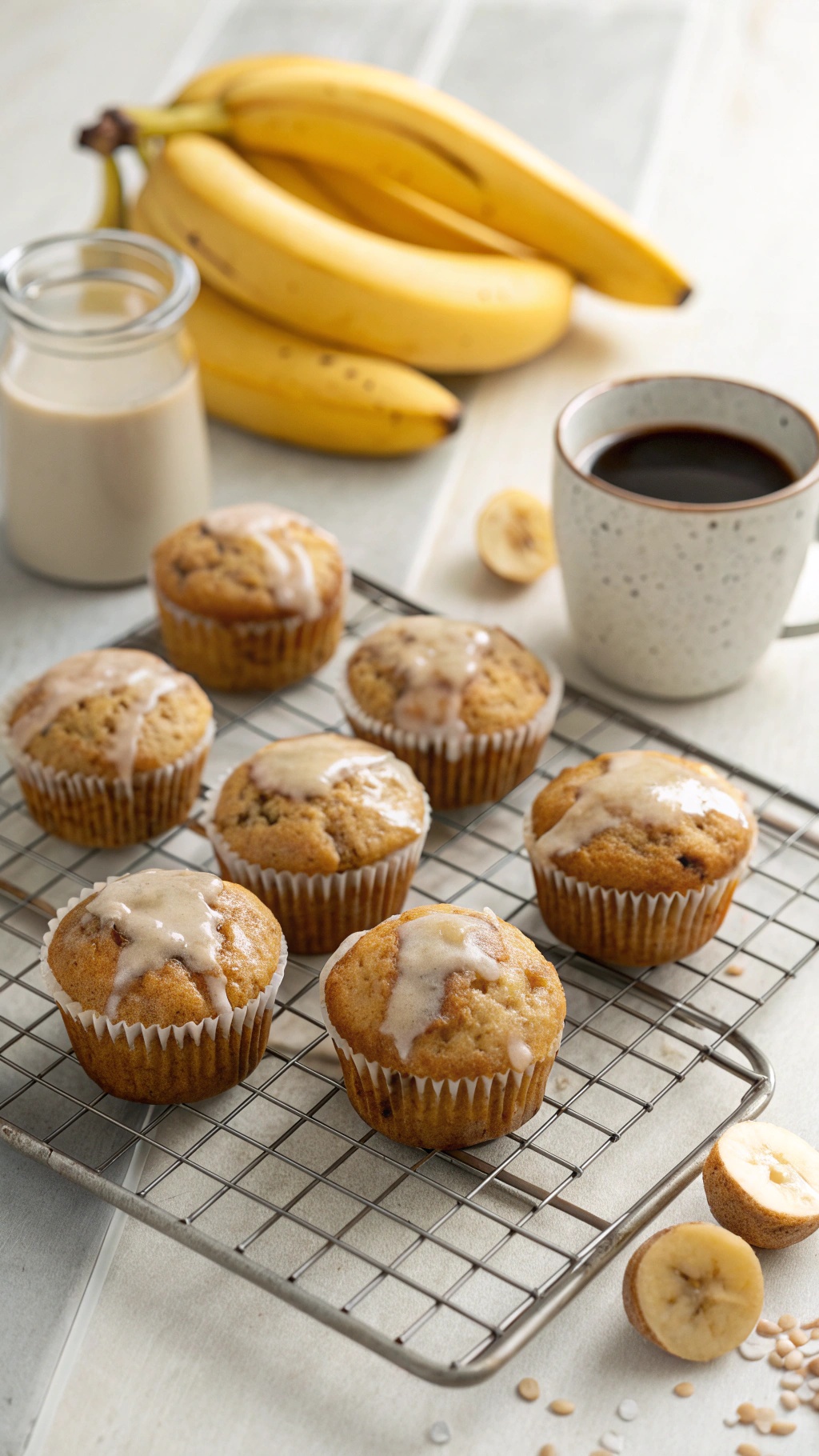 Freshly baked banana muffins with a light glaze on a cooling rack, surrounded by bananas and a cup of coffee.