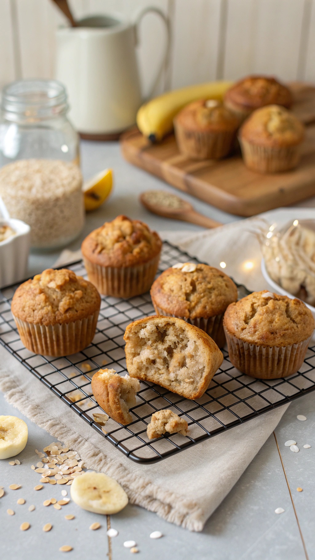 A plate of freshly baked banana oatmeal muffins on a cooling rack, with some ingredients like oats and bananas in the background.