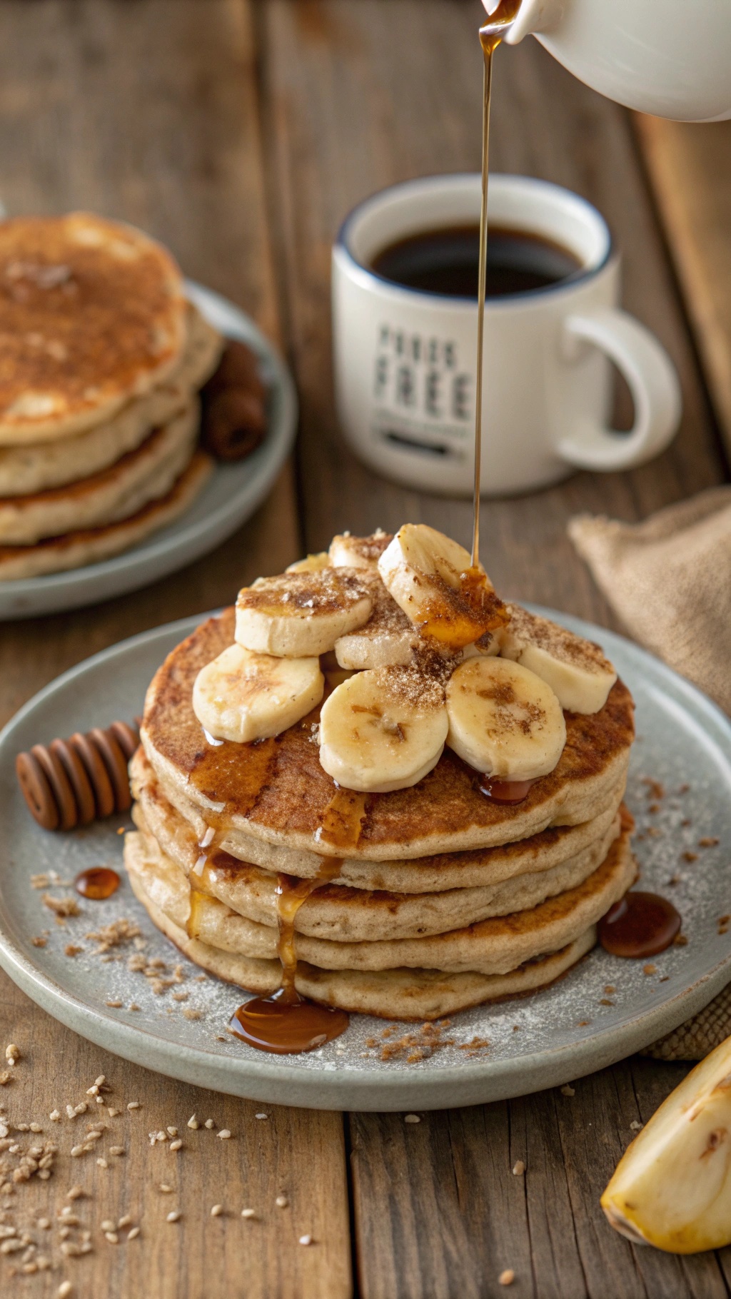 Fluffy banana oatmeal pancakes topped with banana slices and syrup, served with a cup of coffee.