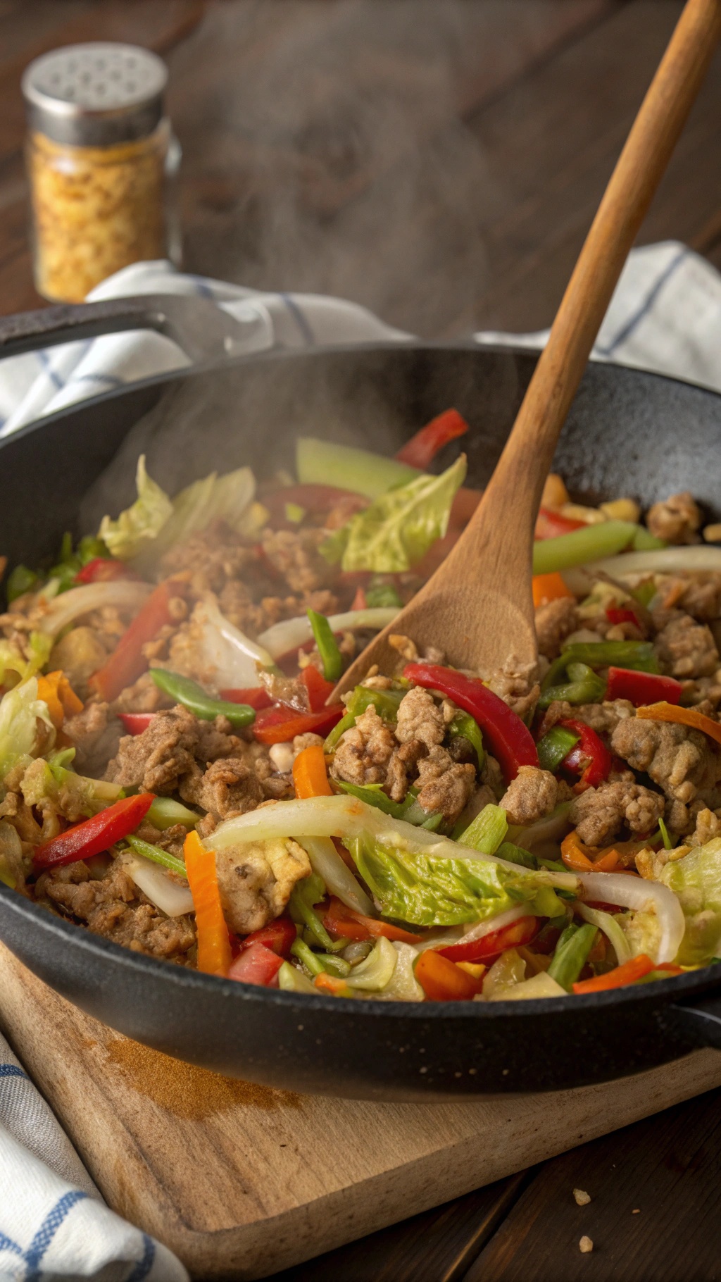 A colorful cabbage stir-fry with ground turkey in a skillet, garnished with sliced vegetables.