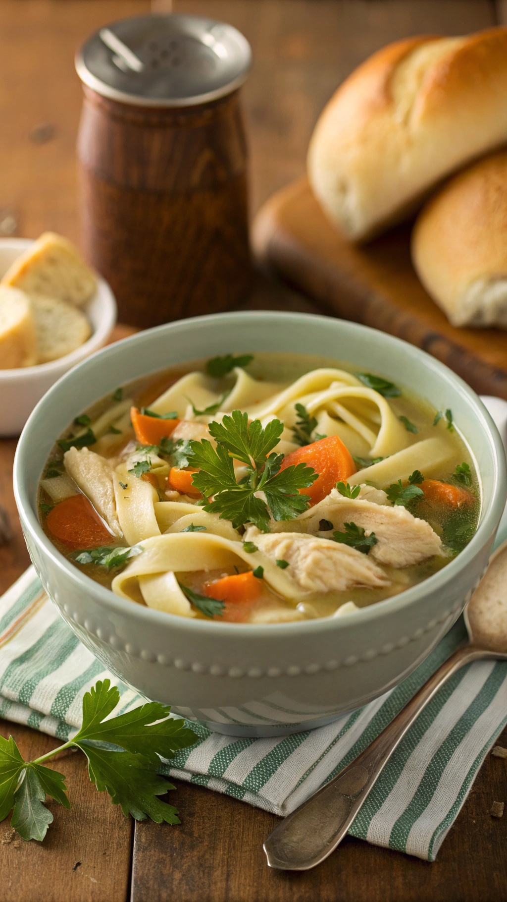 A bowl of chicken soup with noodles, carrots, and parsley, served with bread rolls on the side.