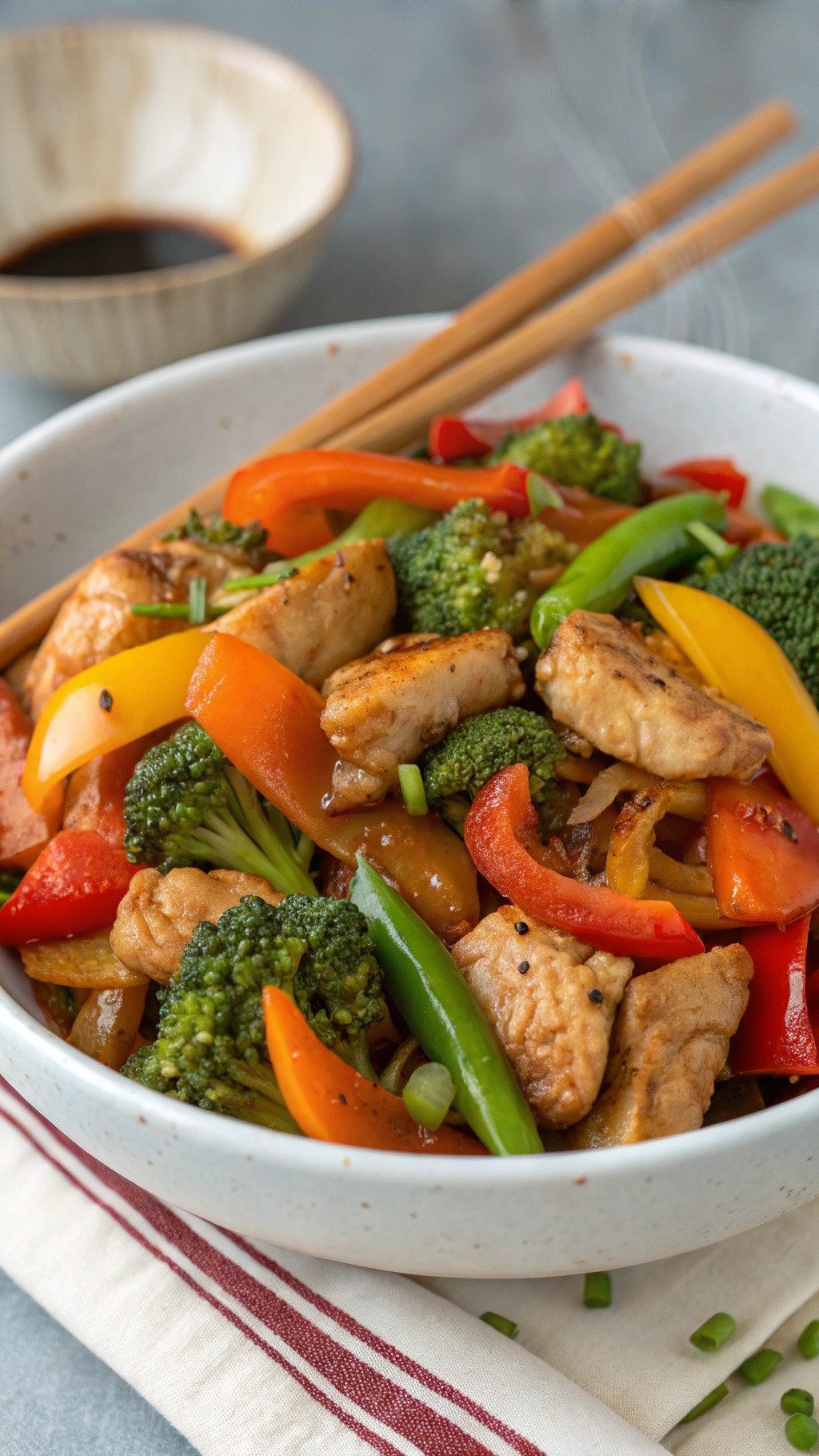 A colorful chicken stir-fry with broccoli and bell peppers in a bowl