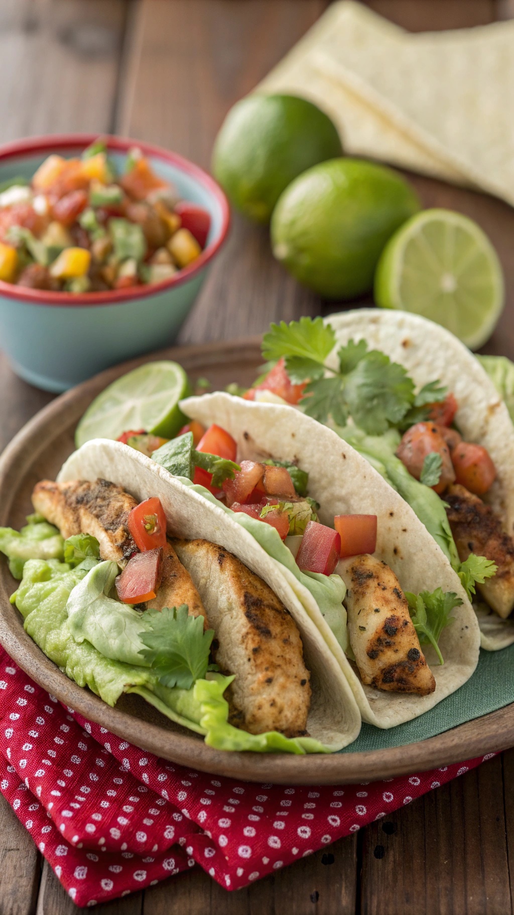 Wholesome chicken tacos with avocado crema, fresh tomatoes, and cilantro on a plate with lime wedges.