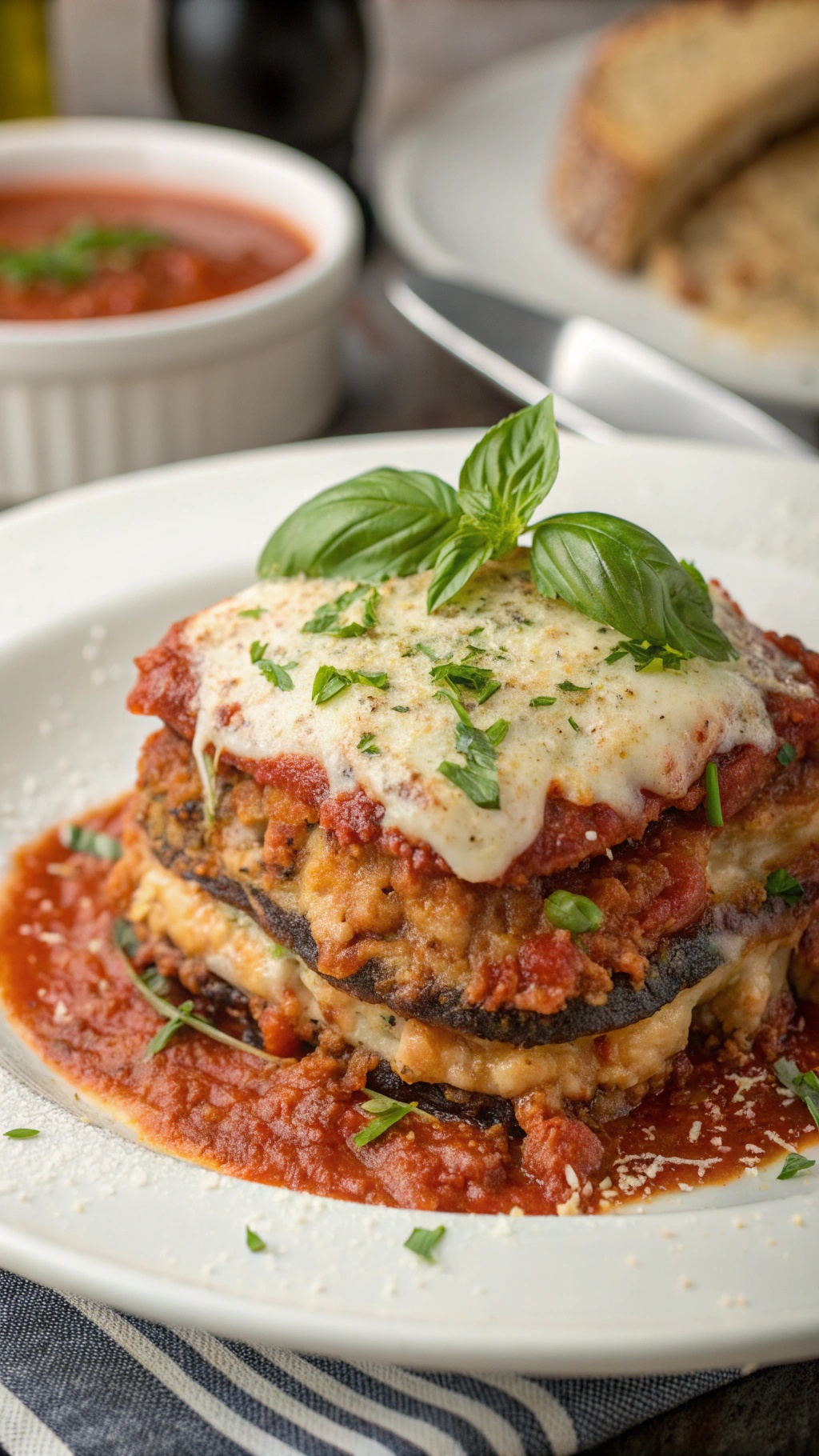A plate of eggplant parmesan with layers of eggplant, marinara sauce, and melted cheese, garnished with fresh basil.