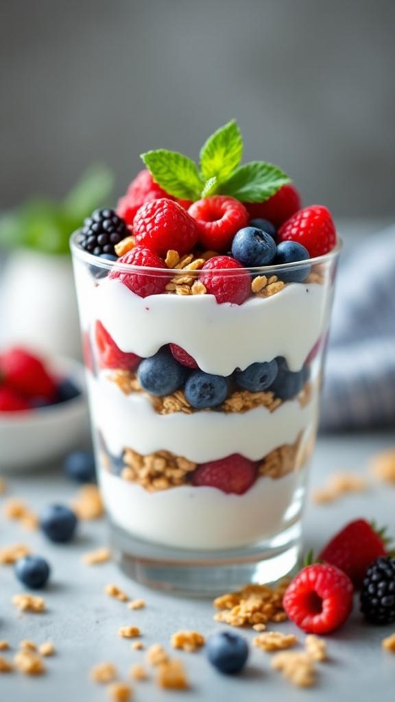 A delicious Greek yogurt parfait layered with fresh berries and granola, topped with mint leaves.