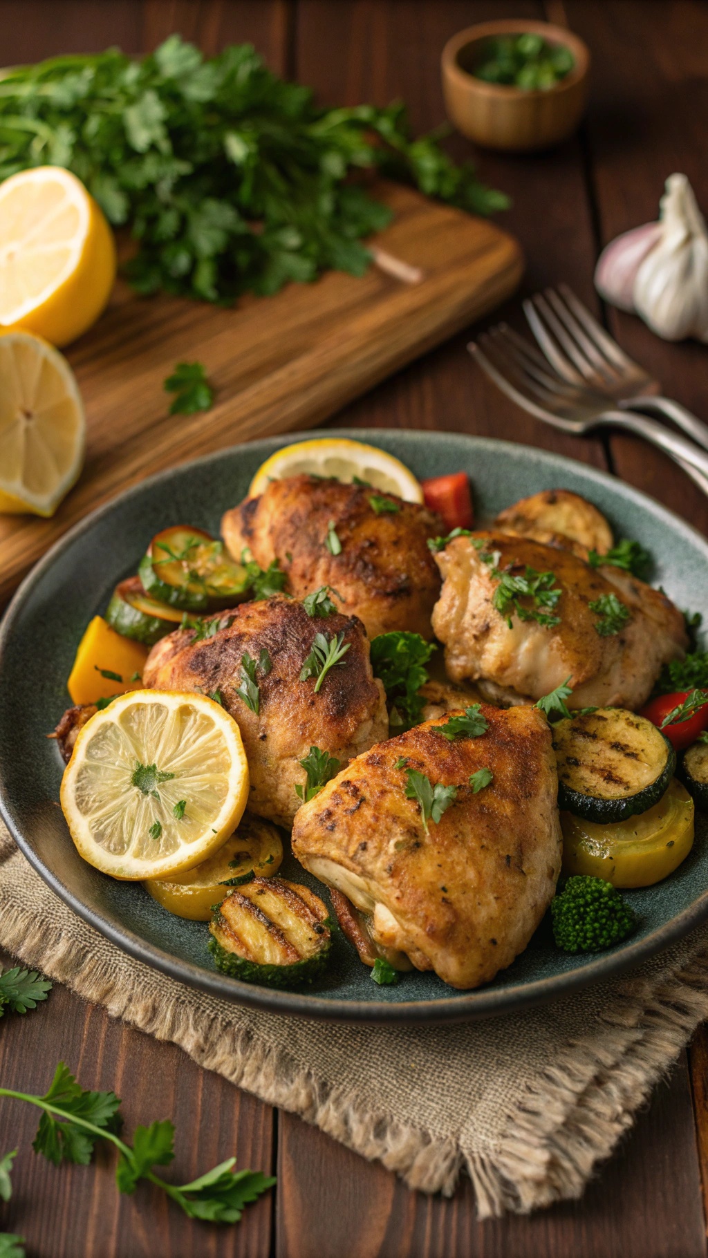 Plate of lemon garlic chicken thighs with grilled vegetables and lemon slices