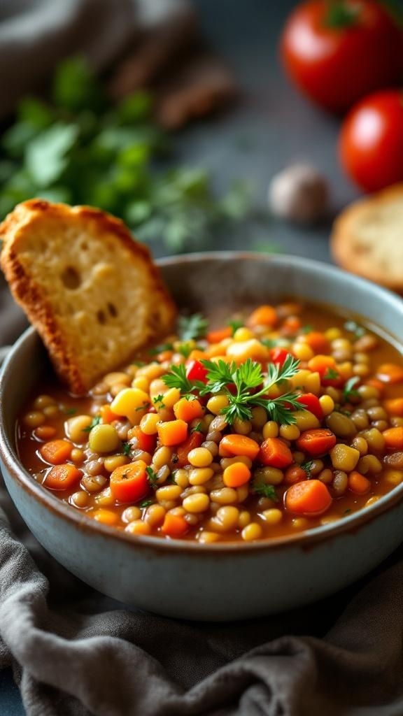 A bowl of colorful lentil soup with carrots and herbs, accompanied by a piece of toasted bread.