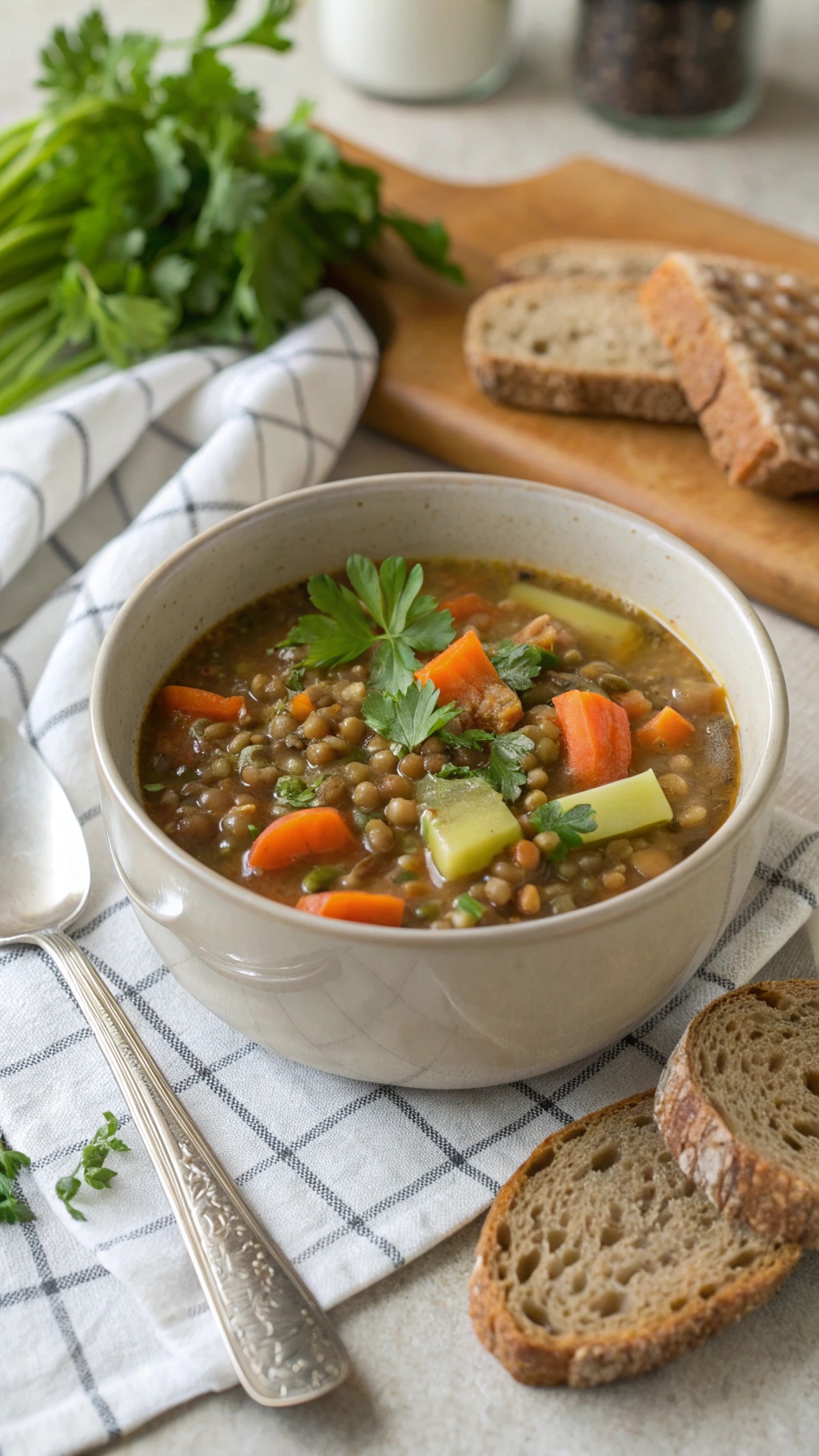 A bowl of wholesome lentil soup with carrots and celery, garnished with parsley, served with slices of whole-grain bread.