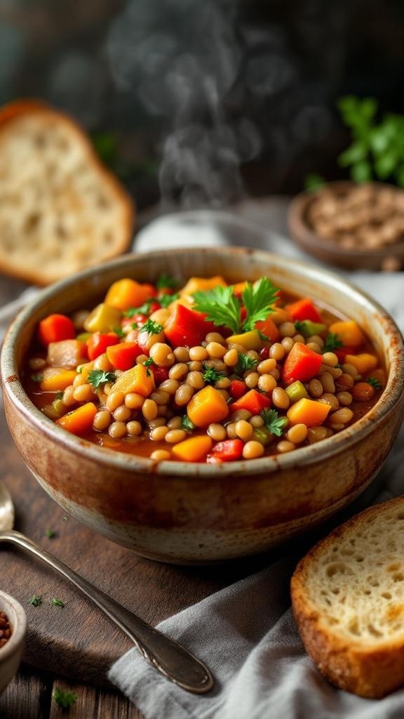 A bowl of steaming lentil stew with colorful vegetables and a slice of bread on the side.
