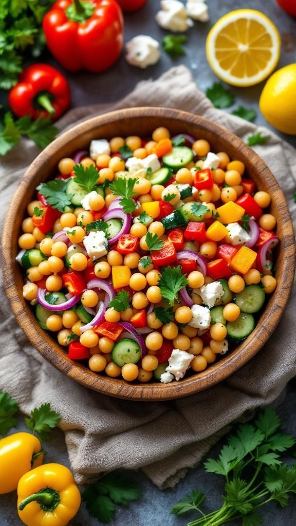 A vibrant Mediterranean chickpea salad with colorful vegetables and feta cheese in a wooden bowl.