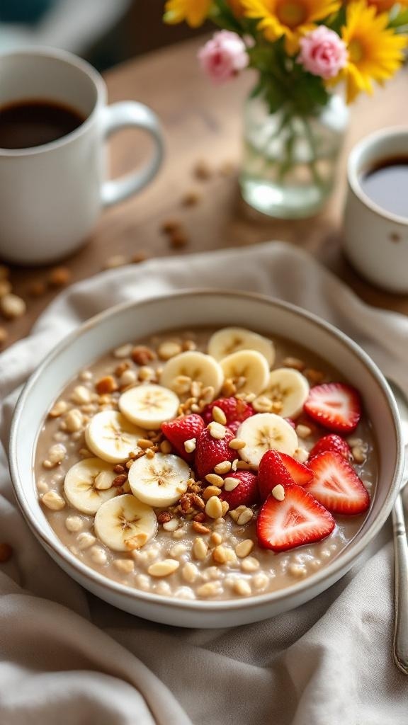 A bowl of oatmeal topped with sliced bananas, strawberries, and mixed nuts, with coffee cups and flowers in the background.