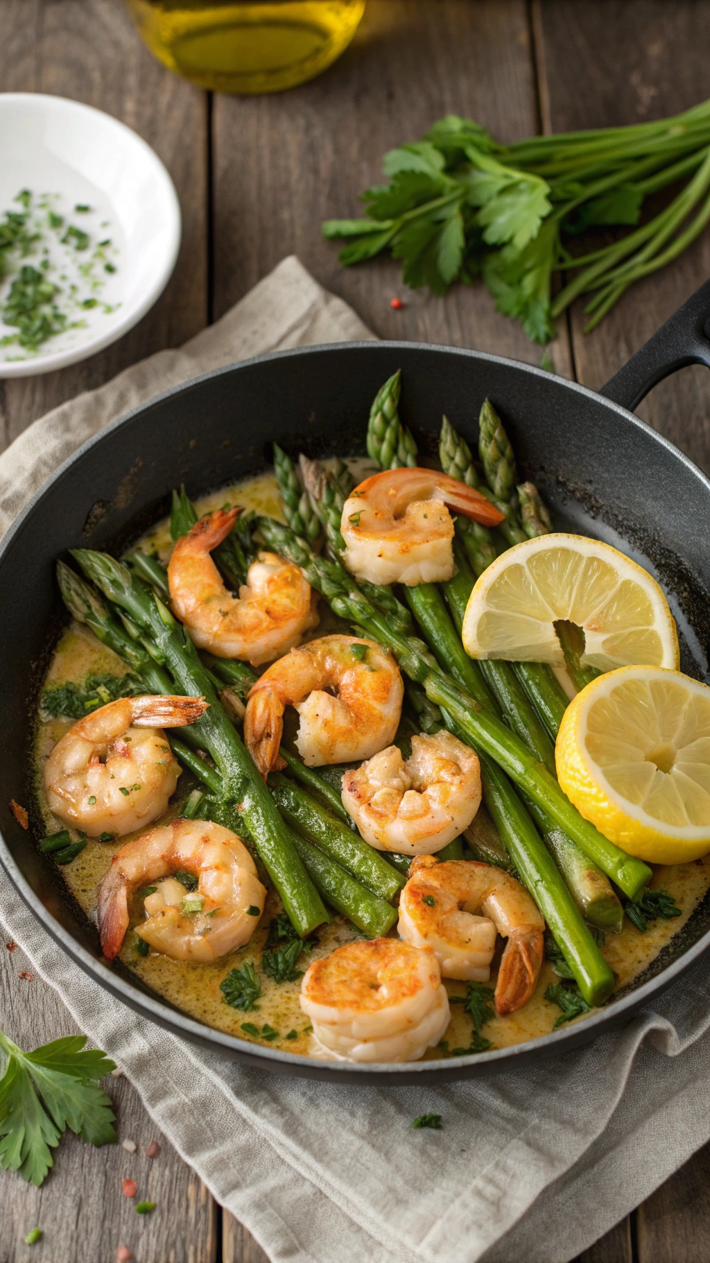 A skillet with lemon garlic shrimp and asparagus, garnished with lemon slices and parsley.