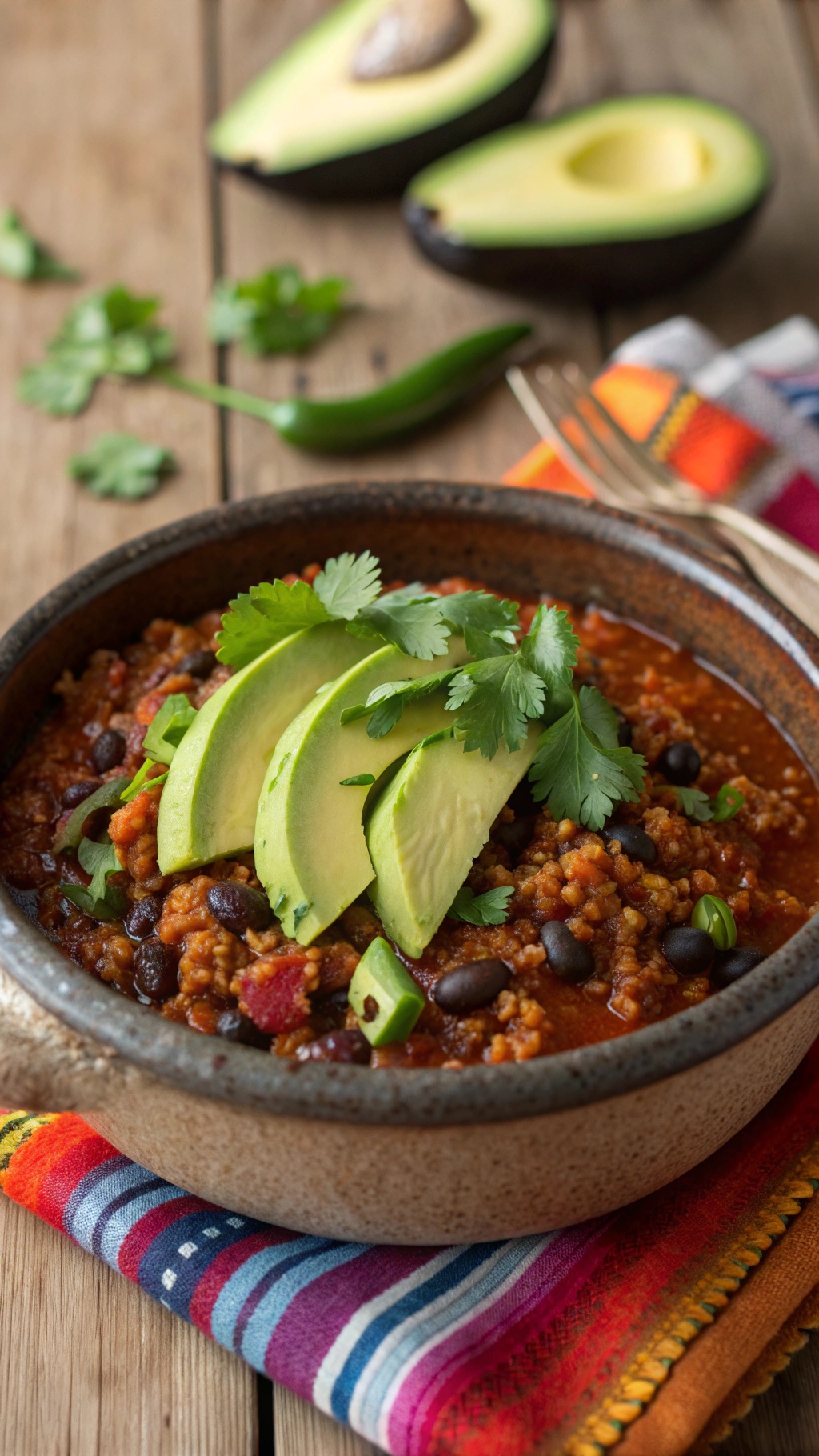 A bowl of quinoa and black bean chili topped with avocado slices and cilantro, with ingredients in the background.
