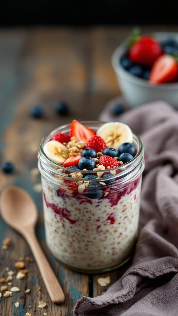 A jar of overnight oats topped with strawberries, bananas, blueberries, and granola.