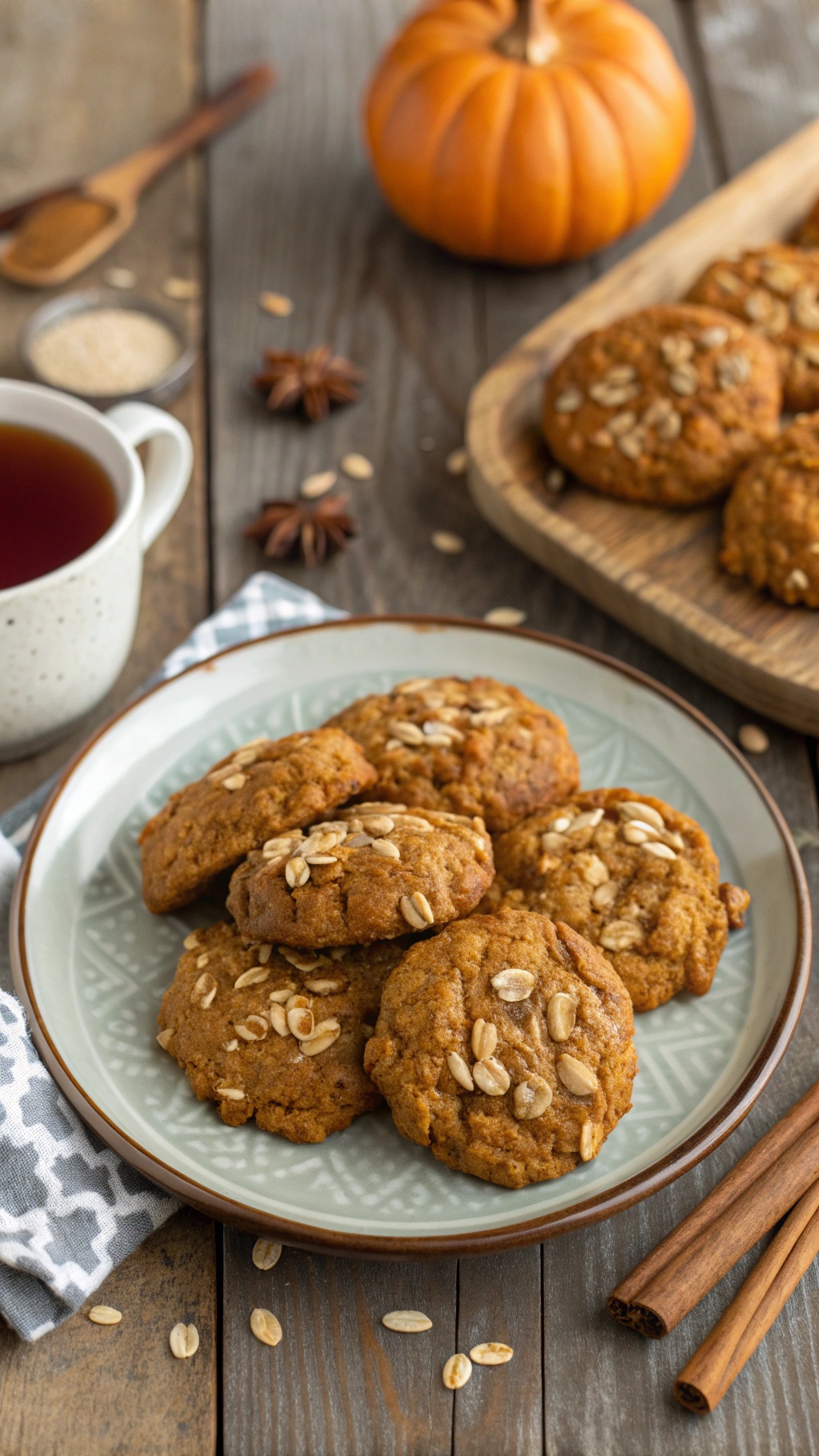 A plate of pumpkin oatmeal cookies with a cup of tea and a small pumpkin in the background.