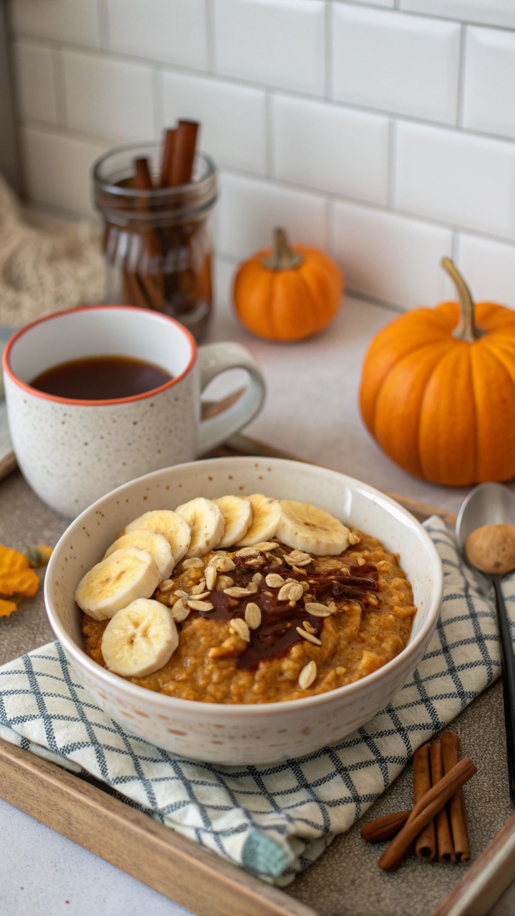 A cozy bowl of pumpkin oatmeal topped with banana slices and oats, accompanied by a cup of coffee and small pumpkins.