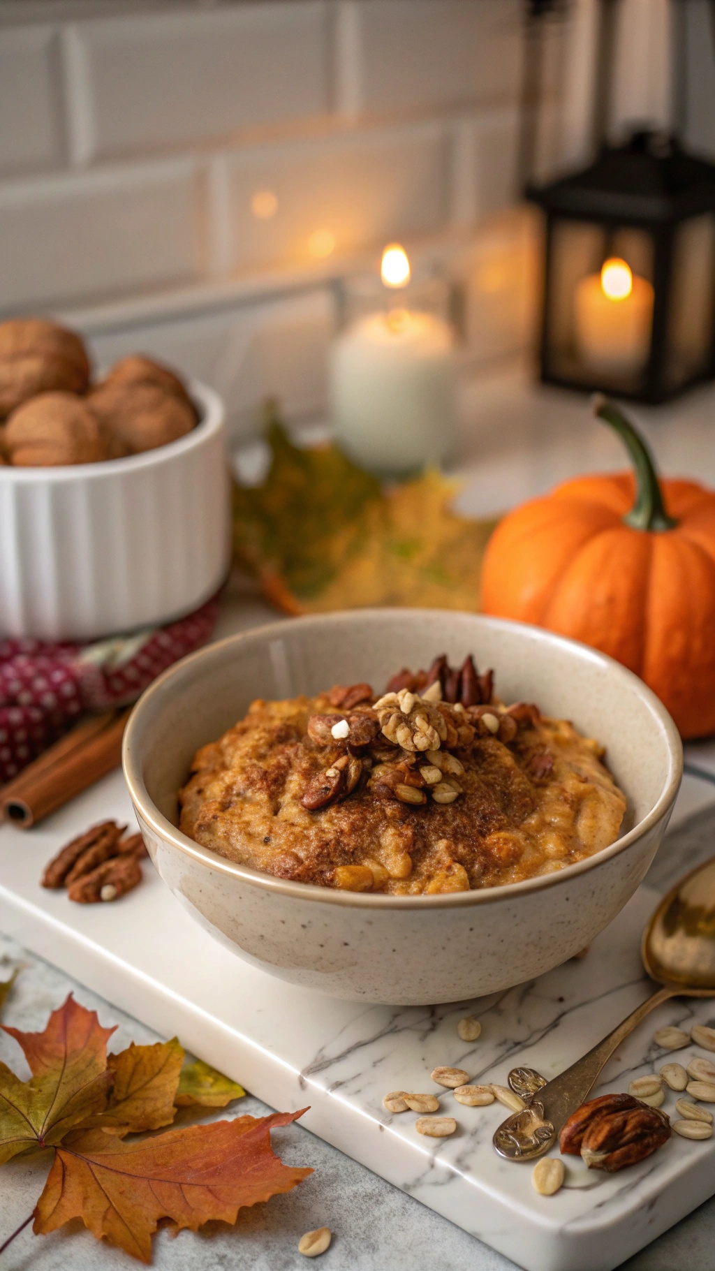 A cozy bowl of pumpkin oatmeal topped with nuts, surrounded by autumn leaves and a small pumpkin.