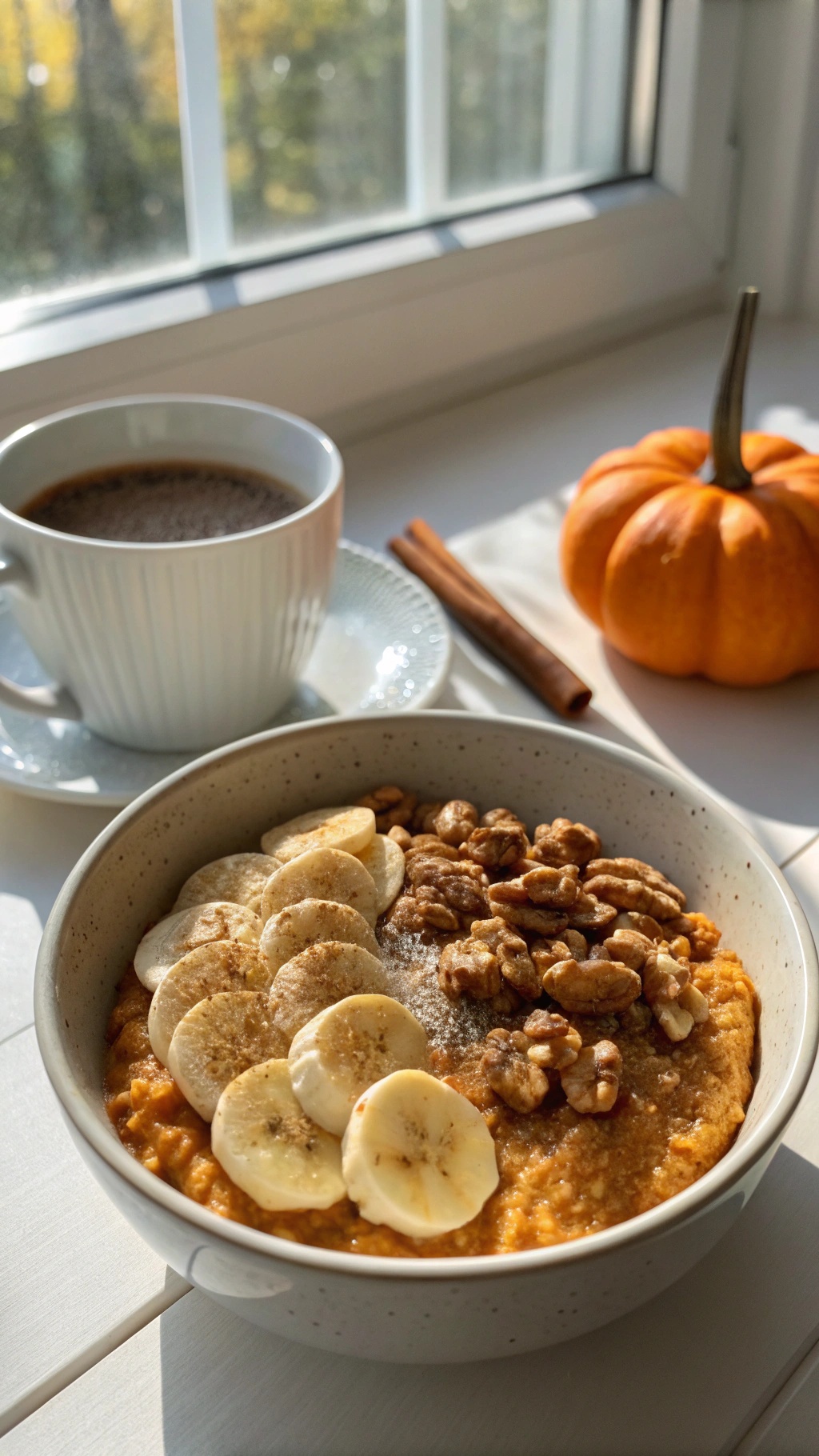 A bowl of pumpkin oatmeal topped with banana slices and walnuts, with a cup of coffee and a small pumpkin nearby.