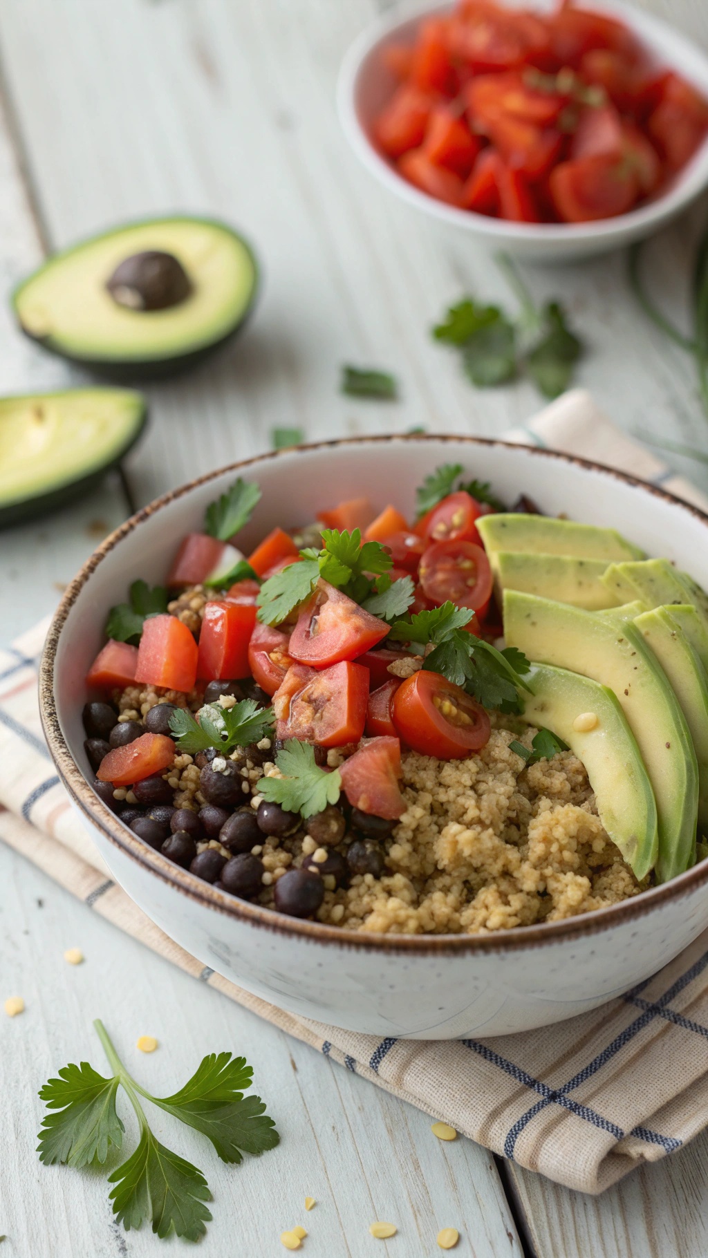 A colorful quinoa and black bean bowl with fresh tomatoes, avocado slices, and cilantro on a light wooden surface.