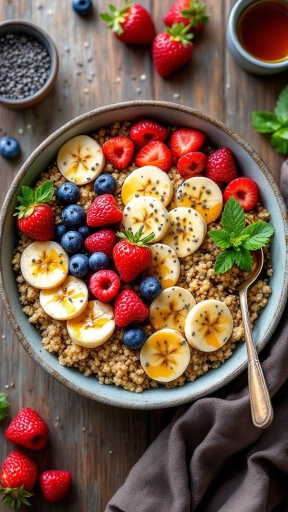 A colorful quinoa breakfast bowl topped with sliced bananas, strawberries, blueberries, and chia seeds.