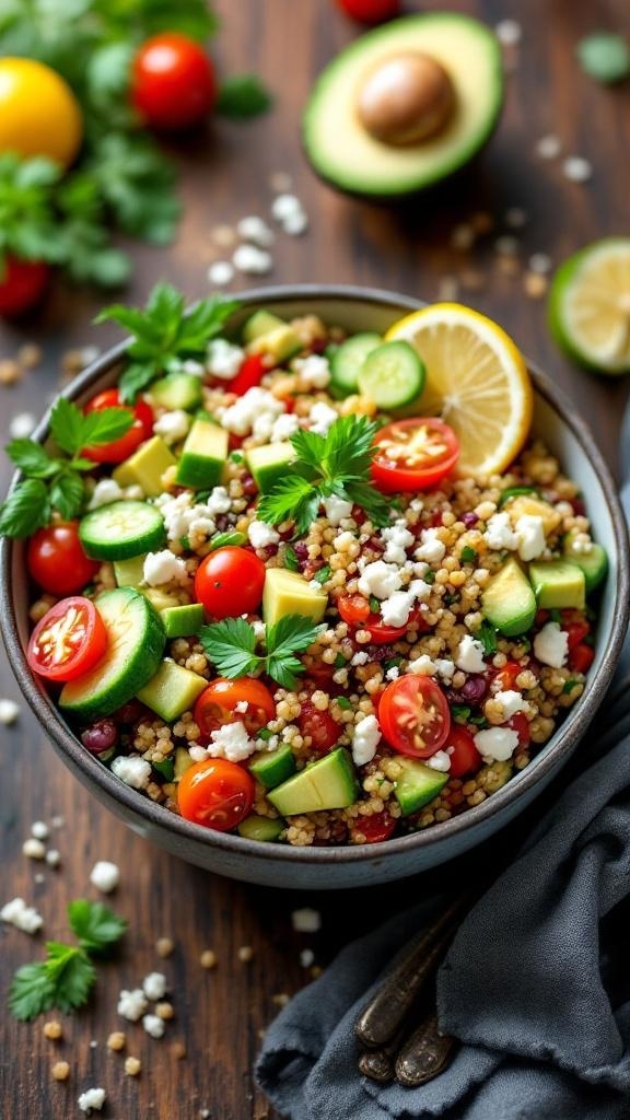 A colorful quinoa salad bowl with cherry tomatoes, cucumber, avocado, feta cheese, and fresh herbs.