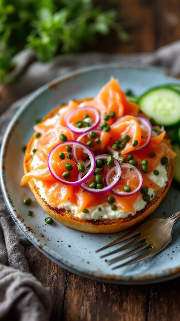 A smoked salmon and cream cheese bagel topped with red onions and capers, served with cucumber slices.