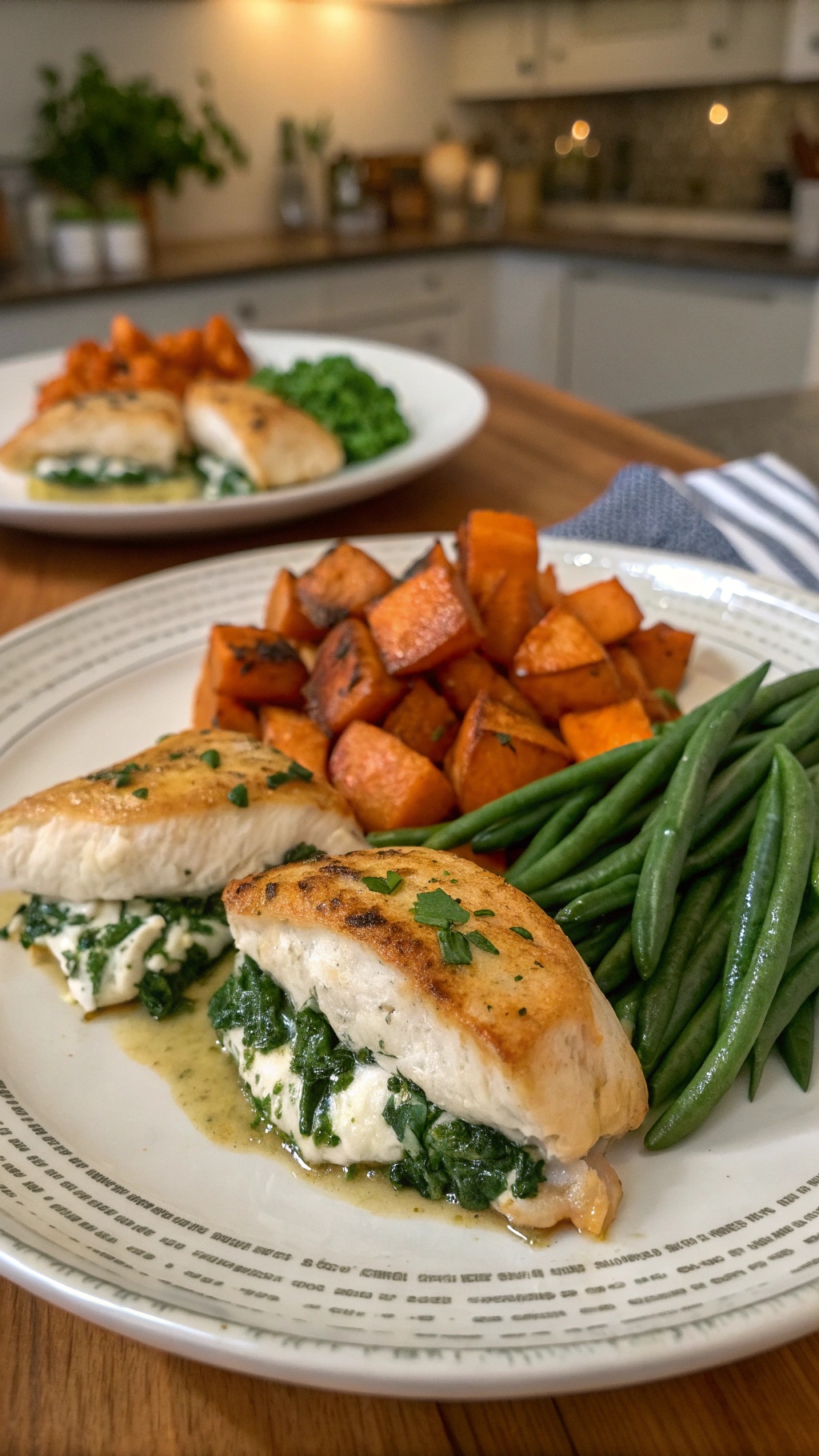 Spinach and feta stuffed chicken breasts served with roasted sweet potatoes and green beans