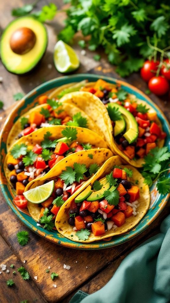 A plate of sweet potato and black bean tacos topped with cilantro and avocado slices, served with lime wedges.