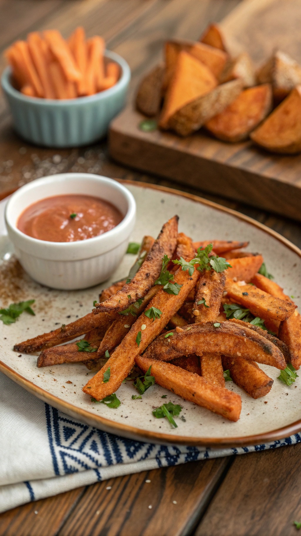 Plate of sweet potato fries with dipping sauce and fresh herbs