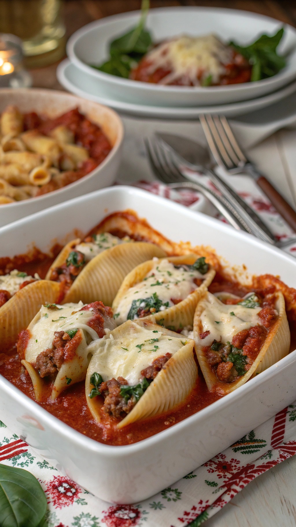 A dish of turkey and spinach stuffed shells topped with marinara sauce and melted cheese.