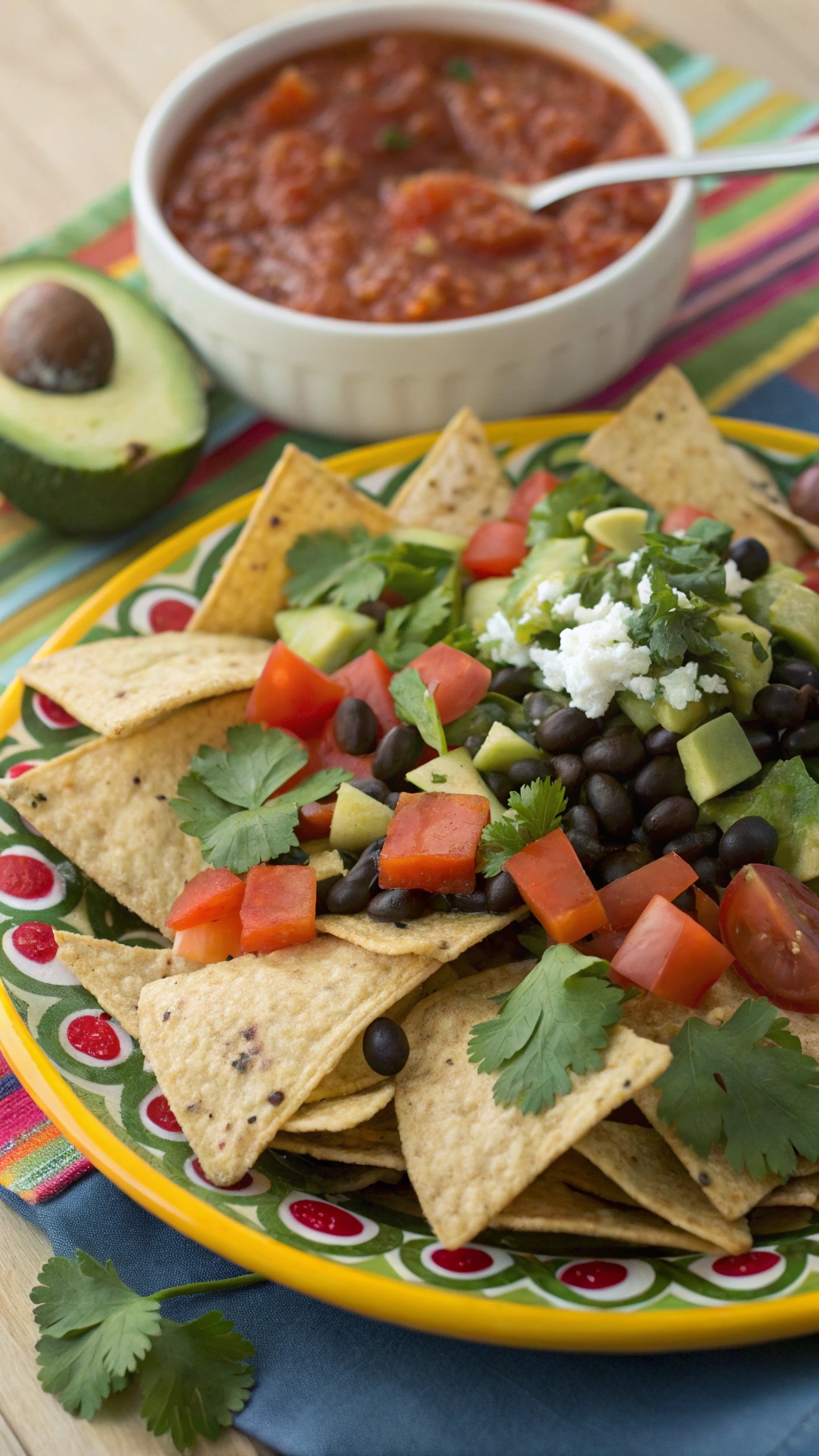 A plate of healthy nachos topped with black beans, tomatoes, avocado, and cilantro, served with a bowl of salsa.