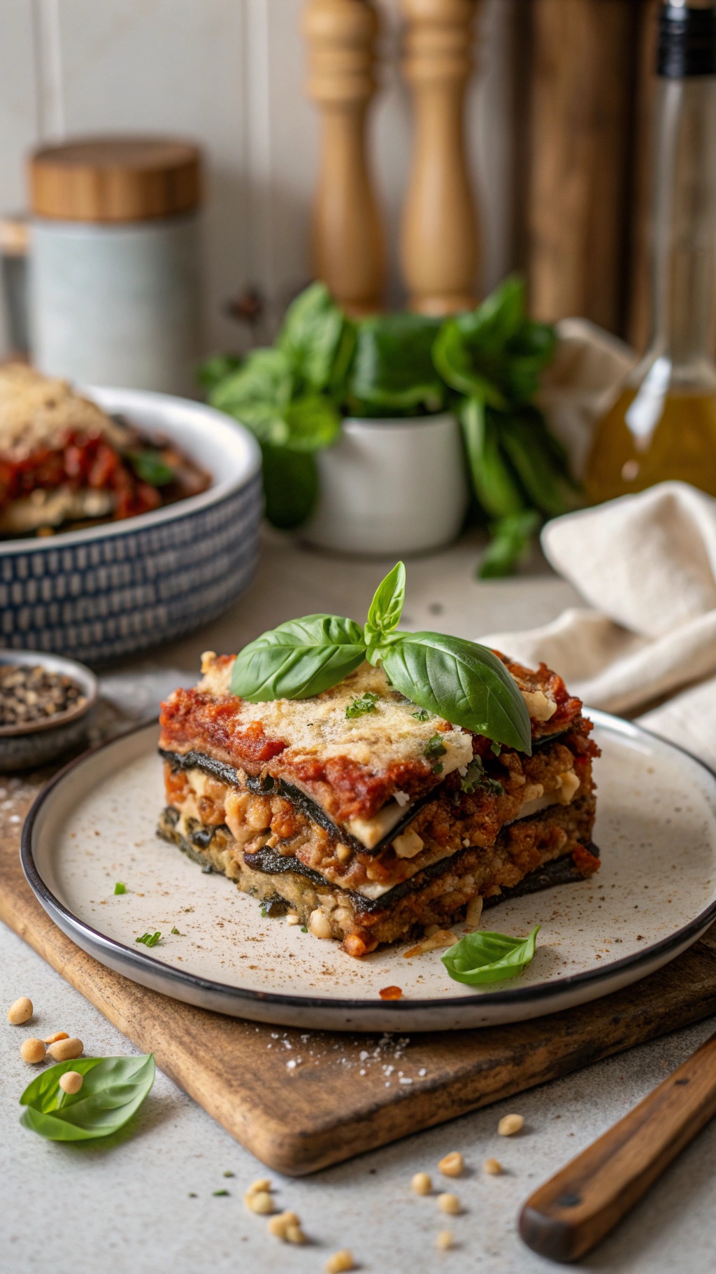 A slice of vegan eggplant and spinach lasagna topped with fresh basil, served on a plate.