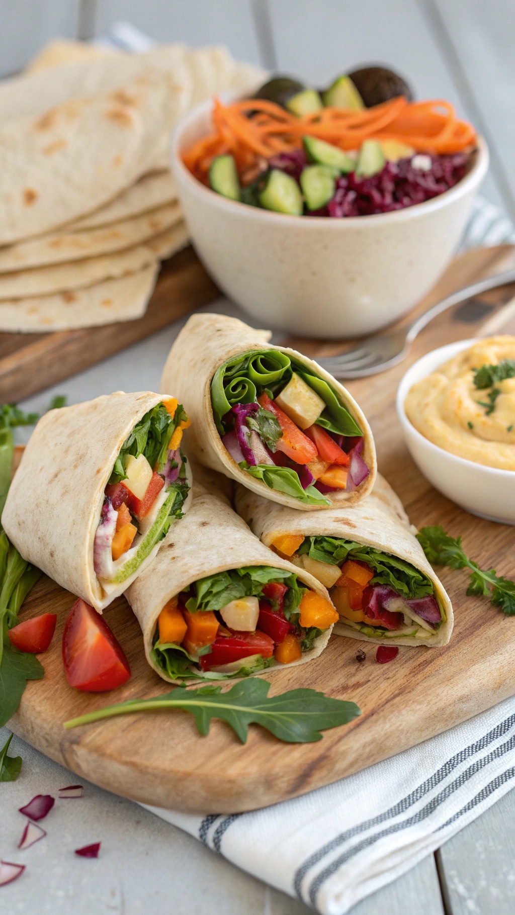 Vegetable hummus wraps with colorful veggies on a wooden board