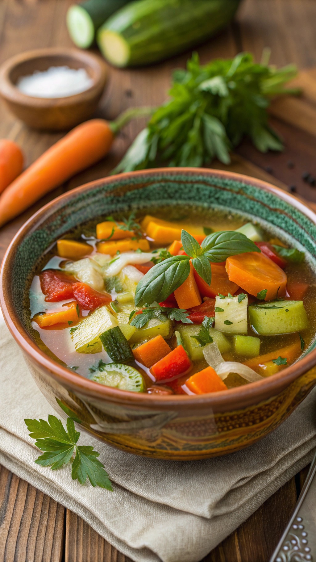 A bowl of colorful vegetable soup with carrots, zucchini, bell peppers, and herbs.