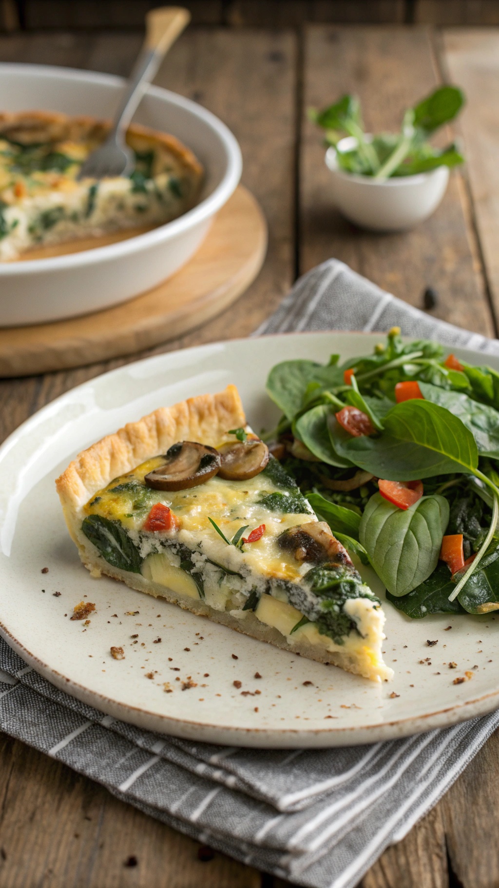 A slice of vegetable quiche with spinach on a plate, served with a side salad.