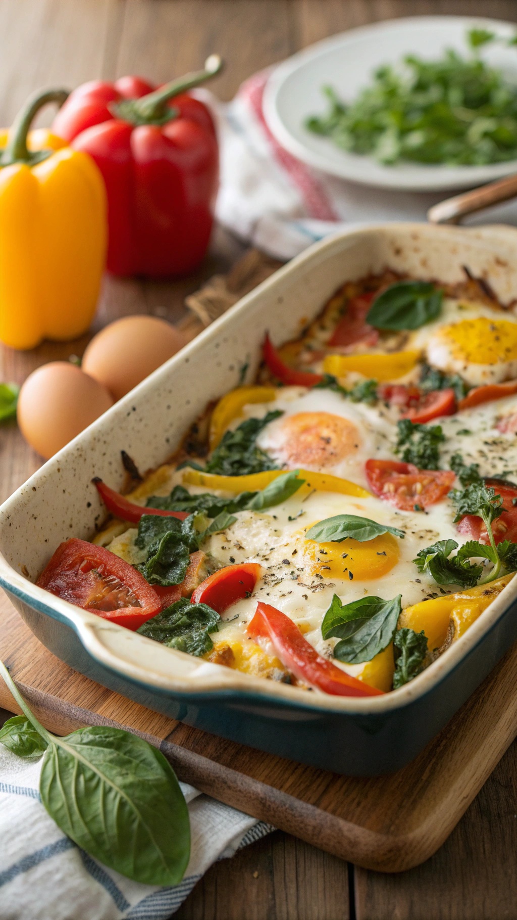 A colorful veggie and egg bake in a baking dish, surrounded by fresh vegetables and eggs.