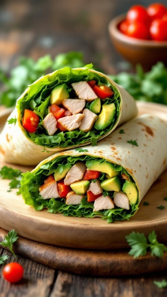 A delicious chicken wrap filled with lettuce, avocado, and tomatoes on a wooden plate.