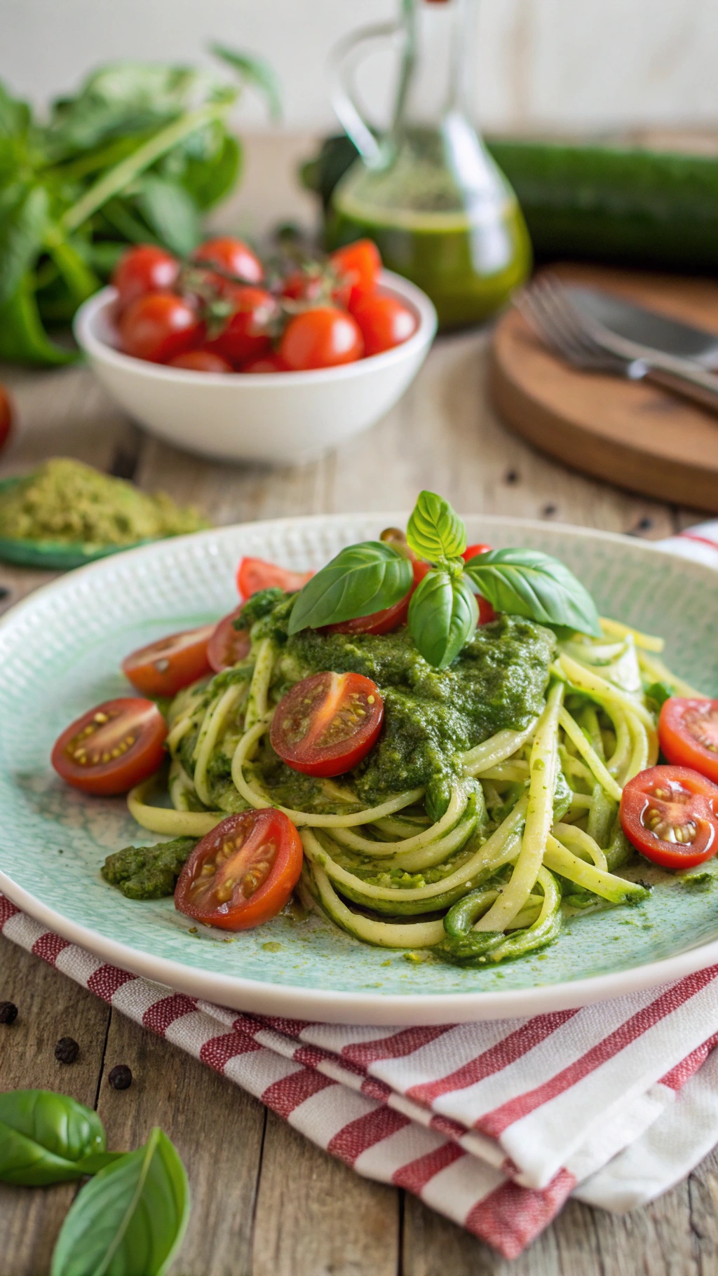 A plate of zucchini noodles topped with pesto sauce and cherry tomatoes, garnished with fresh basil.